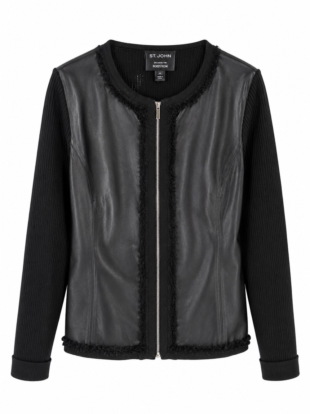 St. John (Nordstrom) Black Leather-Front Zip Wool sleeve jacket US 12